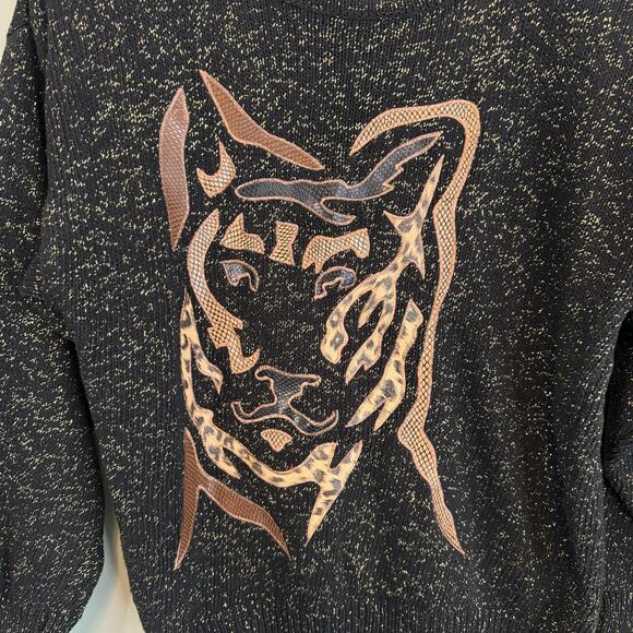 Vintage 80s Jordache Studio Sweater Womens M Black Cozy Metallic Dog Patch Art - Picture 3 of 7
